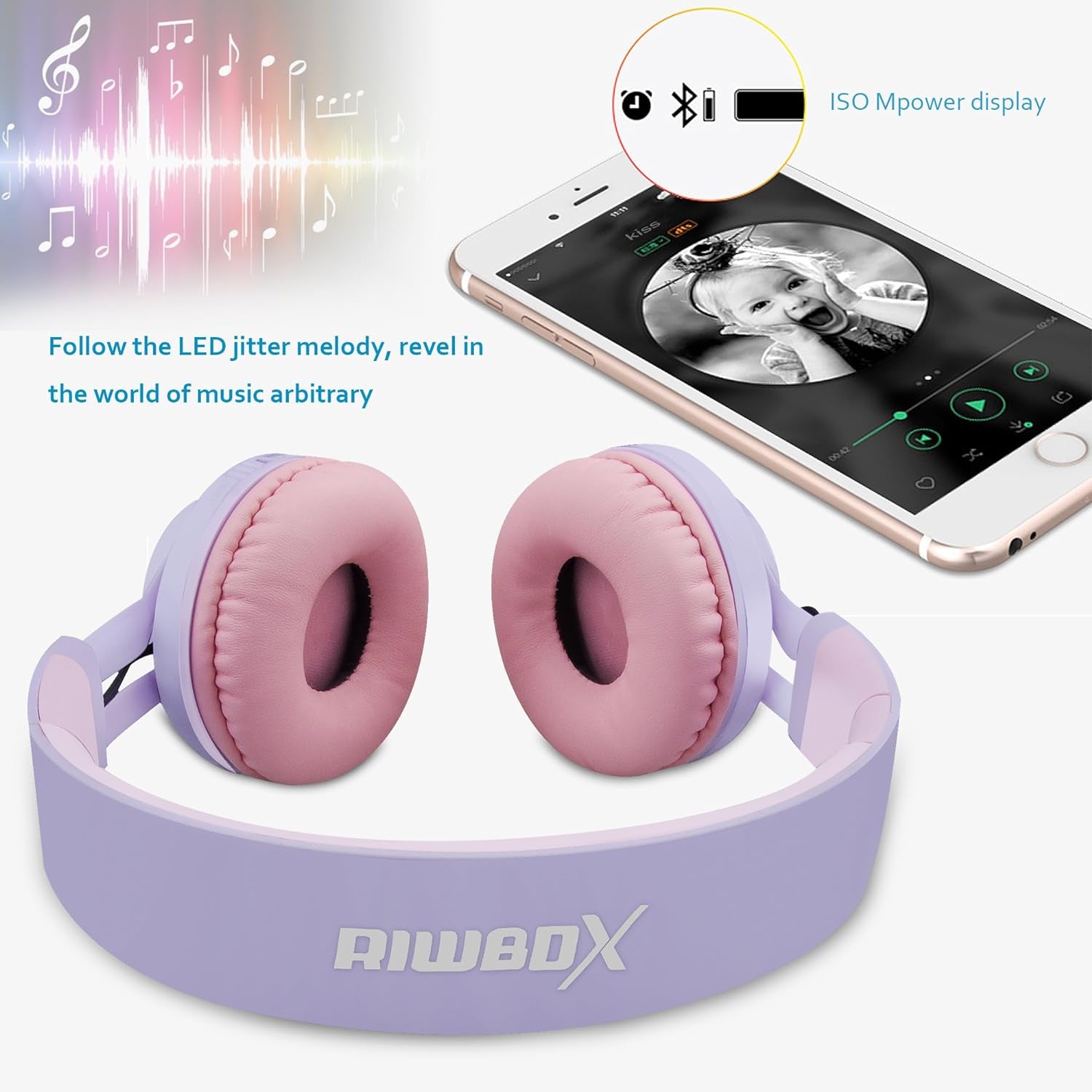 WT-7S Kids Bluetooth Headphones: Light Up Your Music Experience with Foldable Stereo Wireless Headset, Microphone, and Volume Control - Perfect for PC, Tablet, TV, and Travel (Purple)