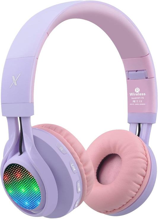 WT-7S Kids Bluetooth Headphones: Light Up Your Music Experience with Foldable Stereo Wireless Headset, Microphone, and Volume Control - Perfect for PC, Tablet, TV, and Travel (Purple)