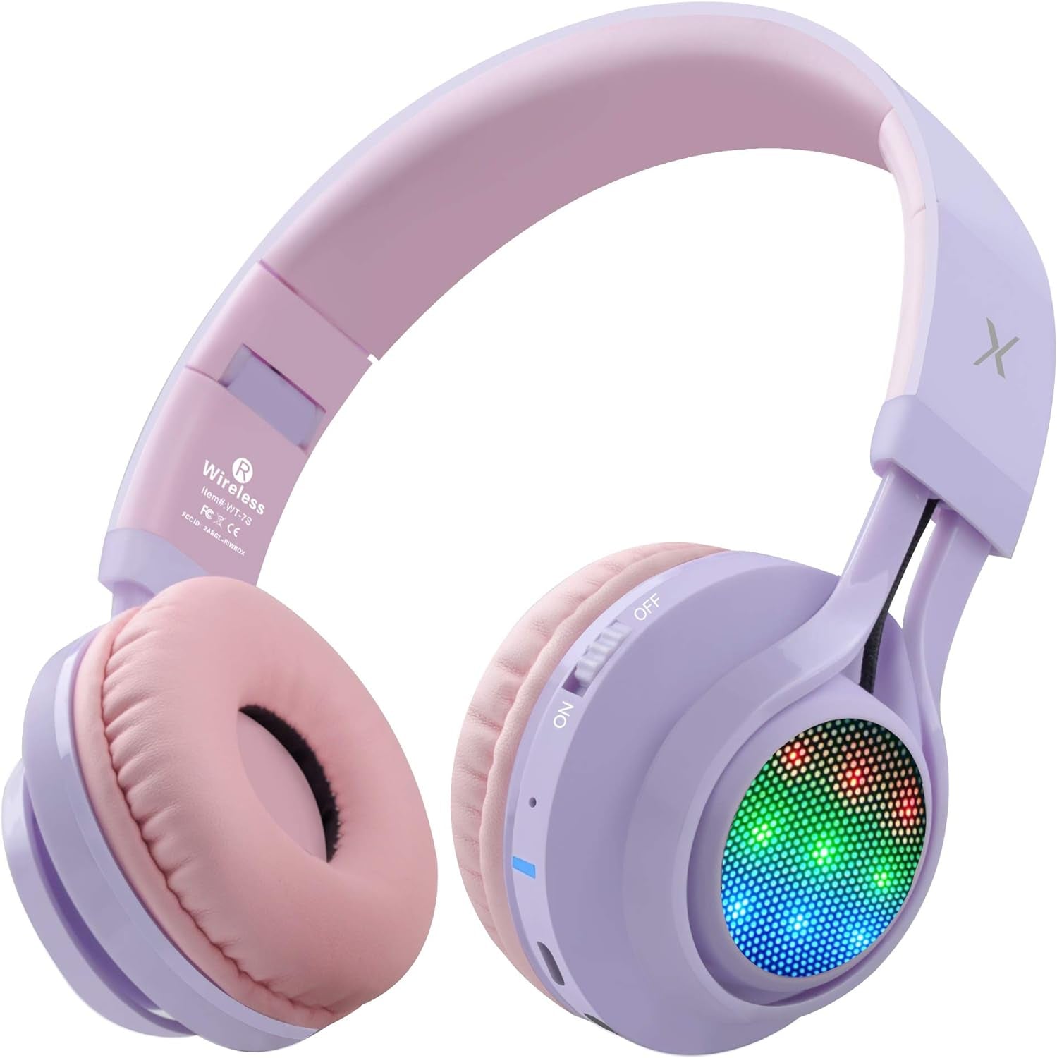 WT-7S Kids Bluetooth Headphones: Light Up Your Music Experience with Foldable Stereo Wireless Headset, Microphone, and Volume Control - Perfect for PC, Tablet, TV, and Travel (Purple)