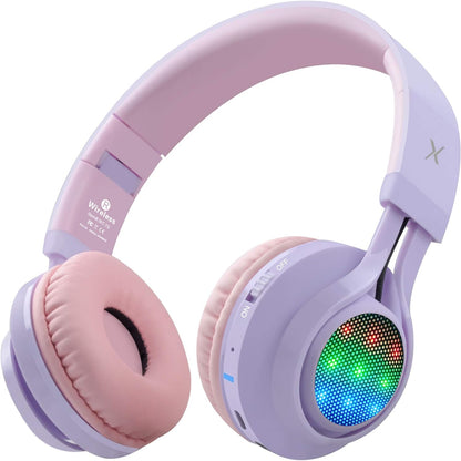 WT-7S Kids Bluetooth Headphones: Light Up Your Music Experience with Foldable Stereo Wireless Headset, Microphone, and Volume Control - Perfect for PC, Tablet, TV, and Travel (Purple)
