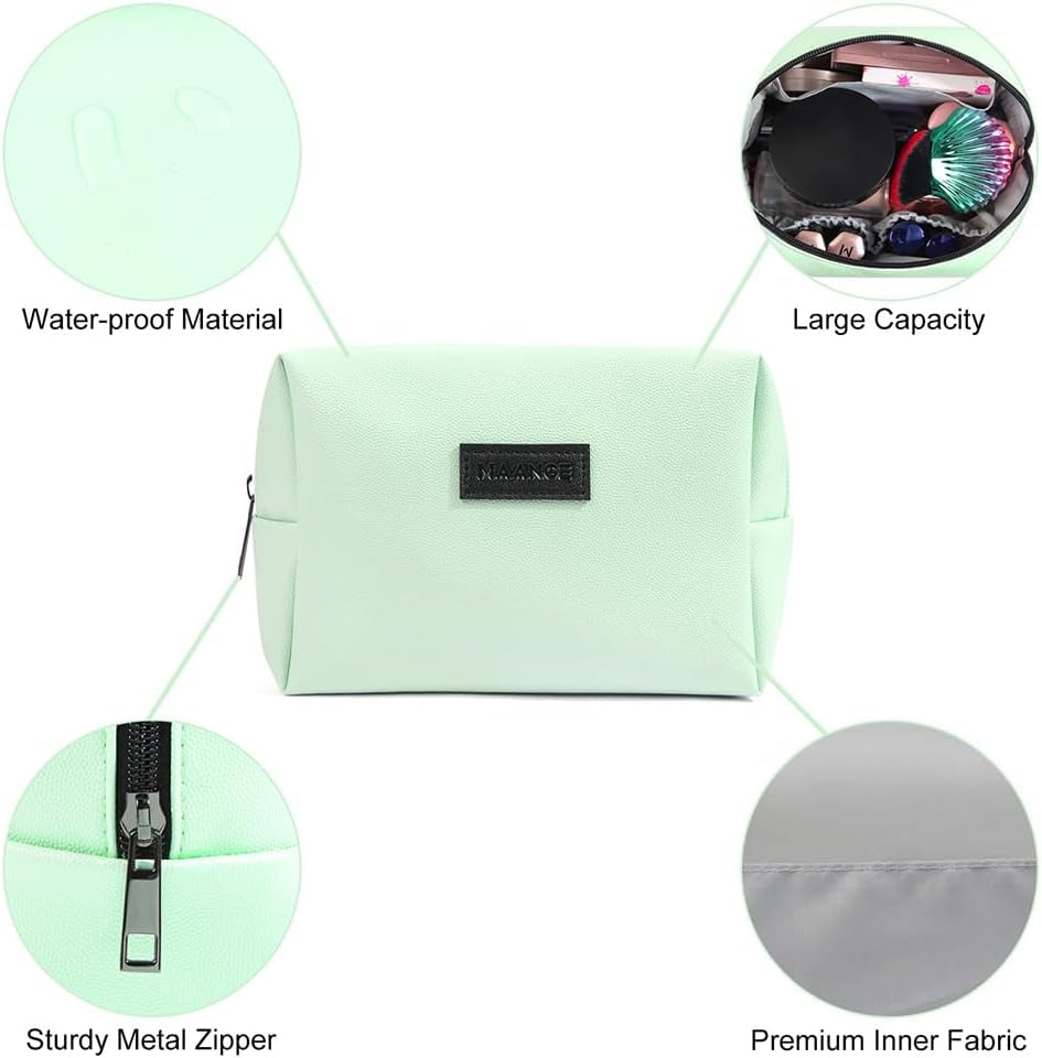 Small Makeup Bag for Purse, Travel Cosmetic Bag Makeup Pouch PU Leather Portable Versatile Zipper Pouch for Women (Green)