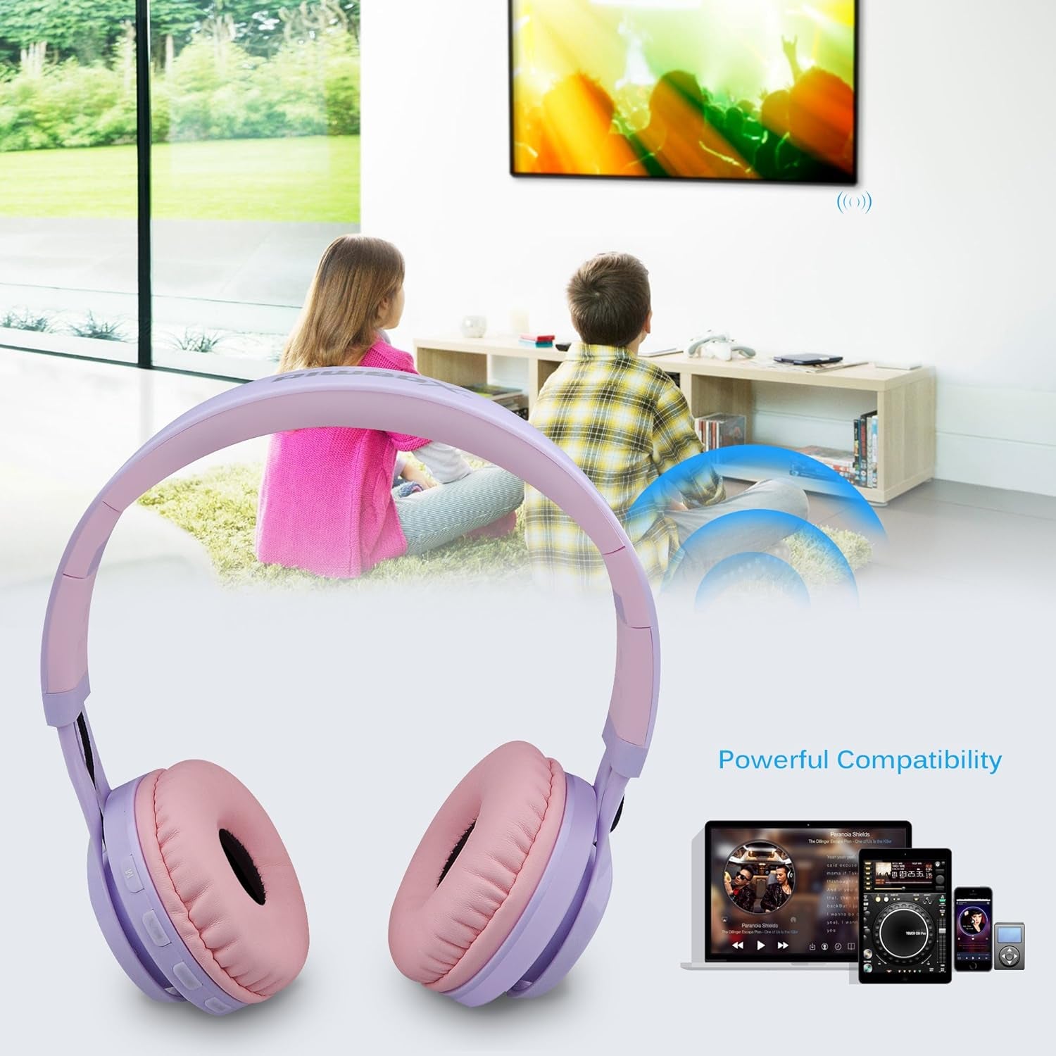 WT-7S Kids Bluetooth Headphones: Light Up Your Music Experience with Foldable Stereo Wireless Headset, Microphone, and Volume Control - Perfect for PC, Tablet, TV, and Travel (Purple)