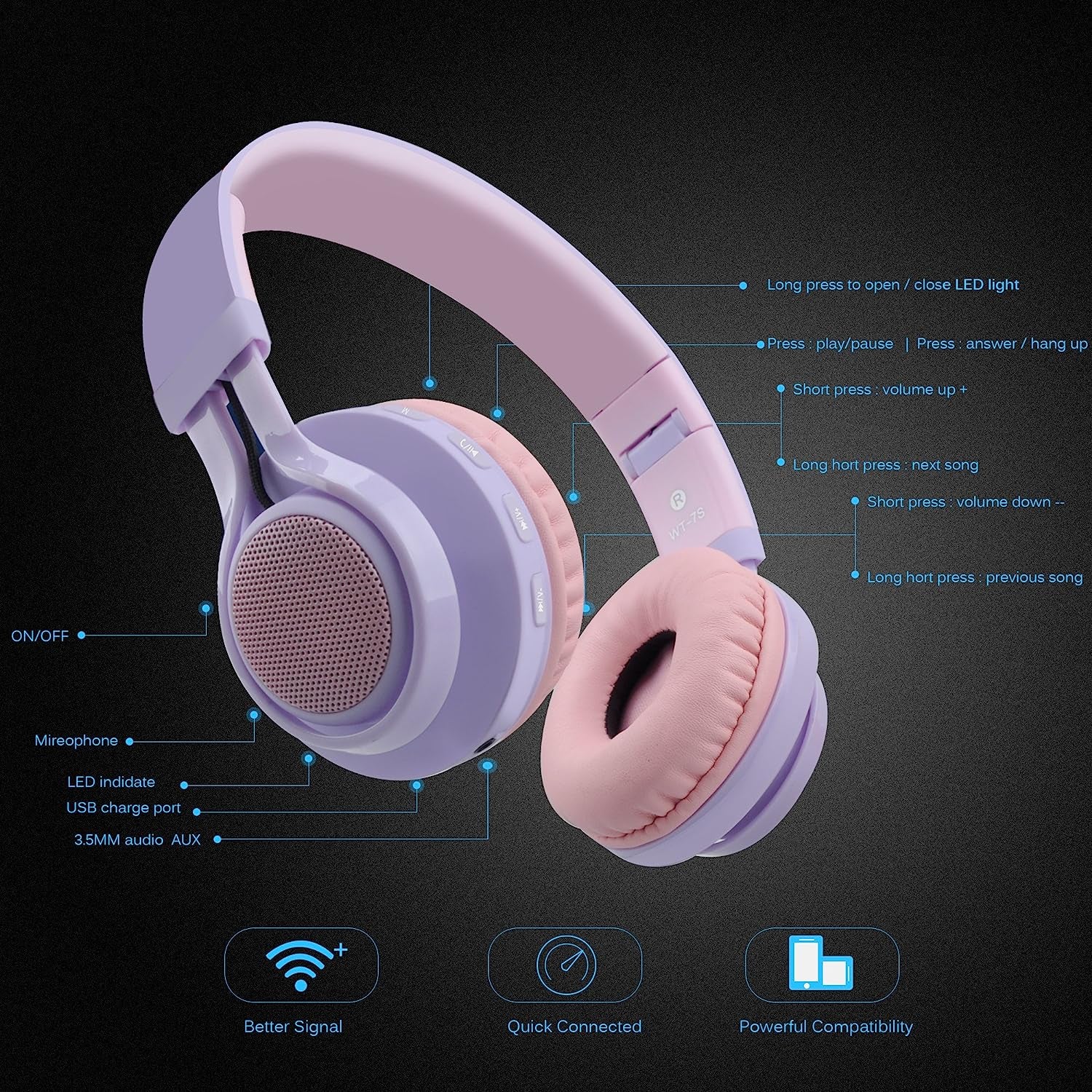 WT-7S Kids Bluetooth Headphones: Light Up Your Music Experience with Foldable Stereo Wireless Headset, Microphone, and Volume Control - Perfect for PC, Tablet, TV, and Travel (Purple)