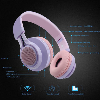 WT-7S Kids Bluetooth Headphones: Light Up Your Music Experience with Foldable Stereo Wireless Headset, Microphone, and Volume Control - Perfect for PC, Tablet, TV, and Travel (Purple)