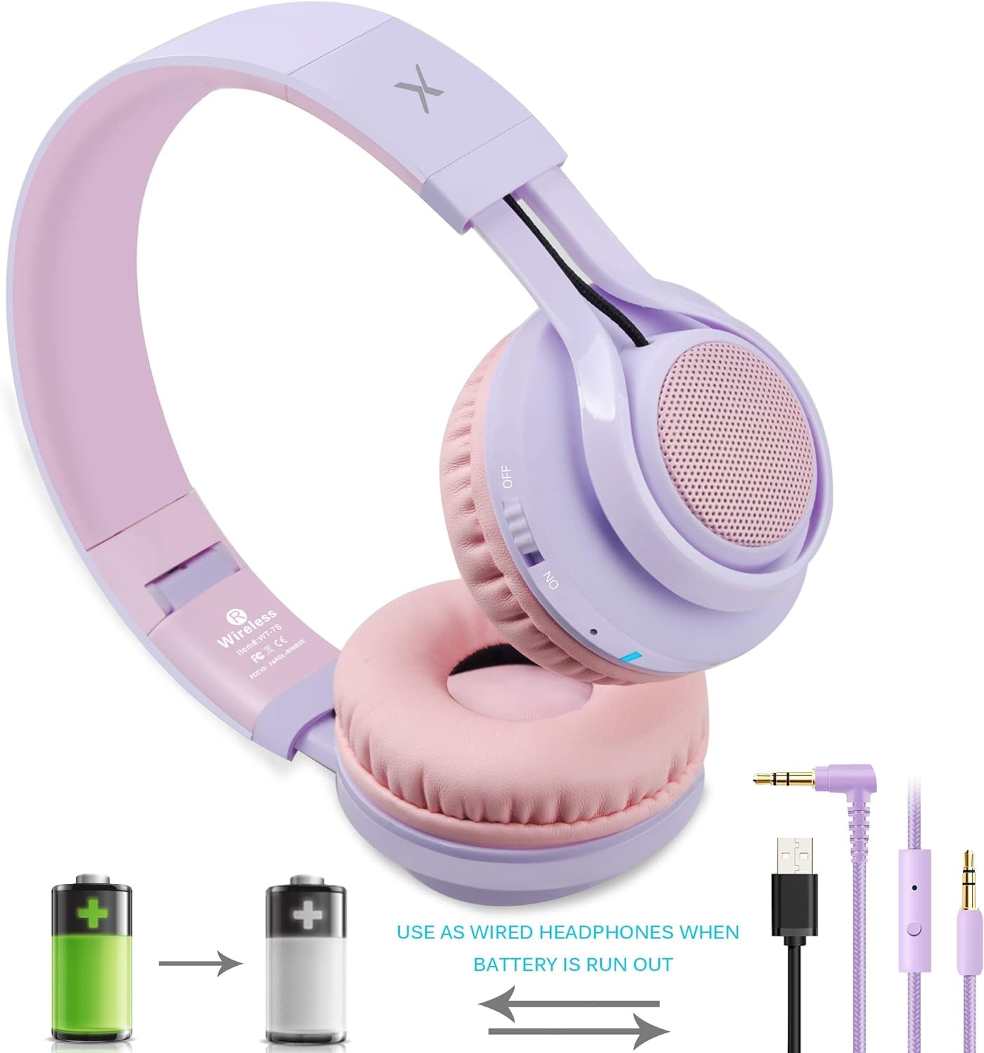WT-7S Kids Bluetooth Headphones: Light Up Your Music Experience with Foldable Stereo Wireless Headset, Microphone, and Volume Control - Perfect for PC, Tablet, TV, and Travel (Purple)