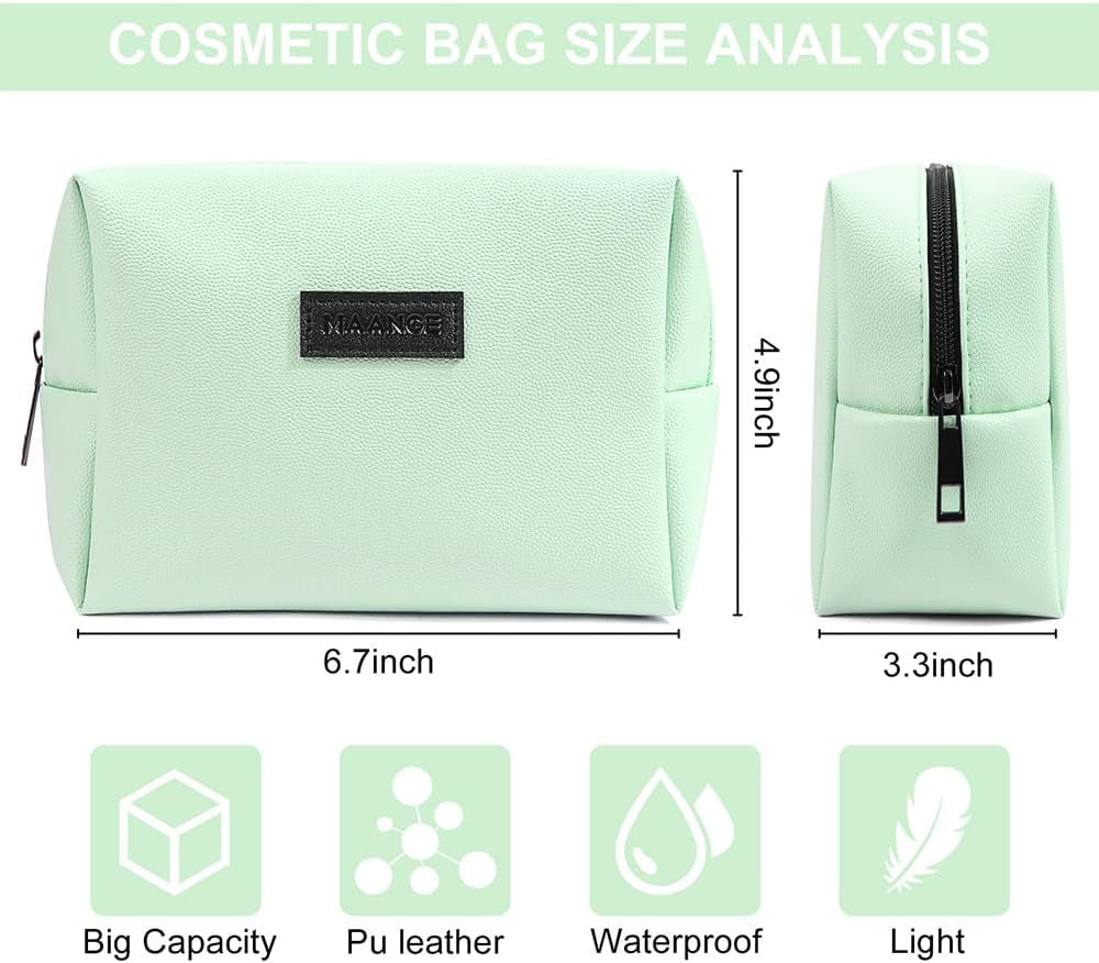 Small Makeup Bag for Purse, Travel Cosmetic Bag Makeup Pouch PU Leather Portable Versatile Zipper Pouch for Women (Green)