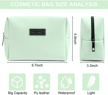 Small Makeup Bag for Purse, Travel Cosmetic Bag Makeup Pouch PU Leather Portable Versatile Zipper Pouch for Women (Green)